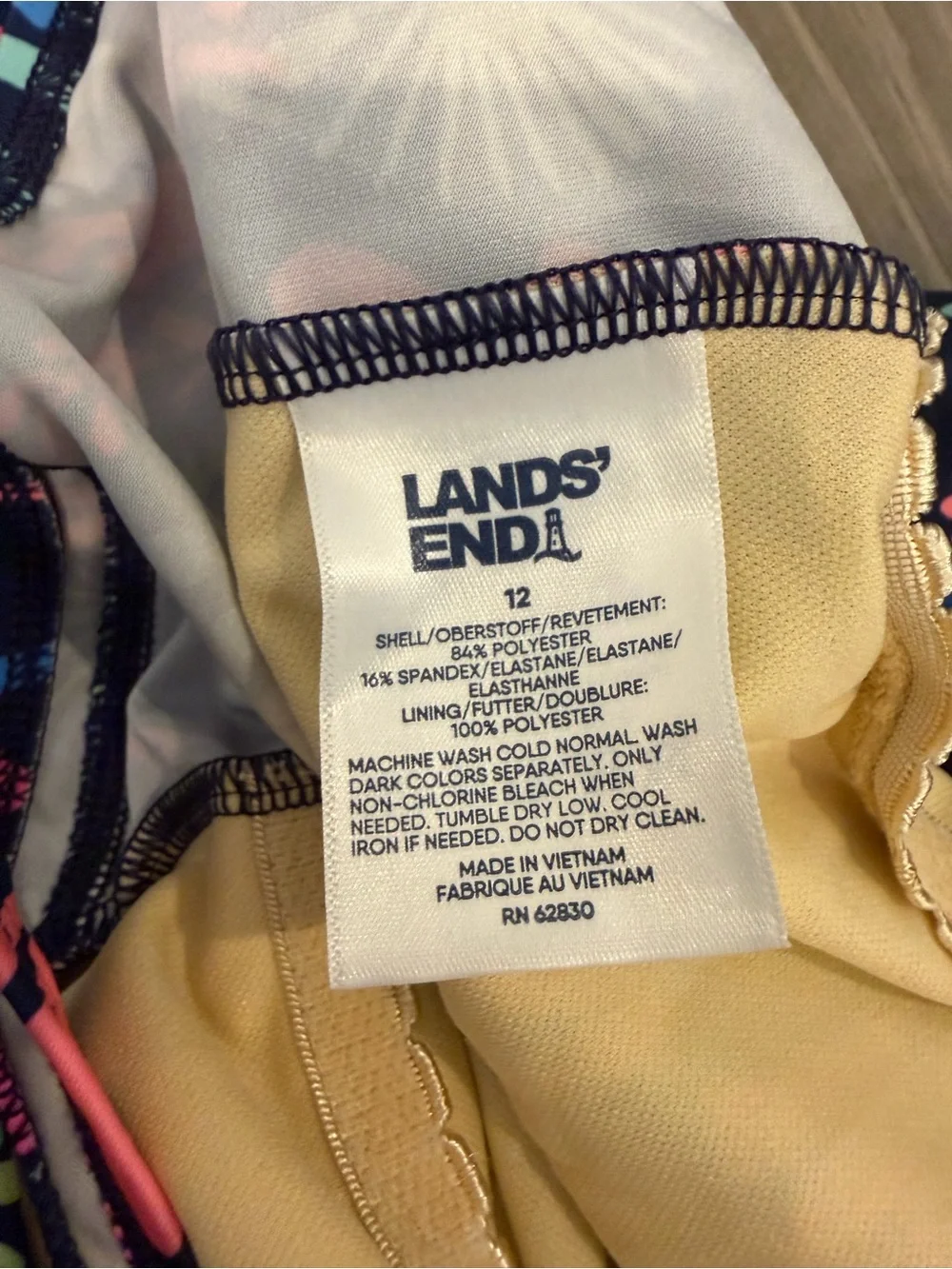 Lands' End Kids One-Piece Swimsuit in Navy with Neon Coral, Yellow & Aqua
